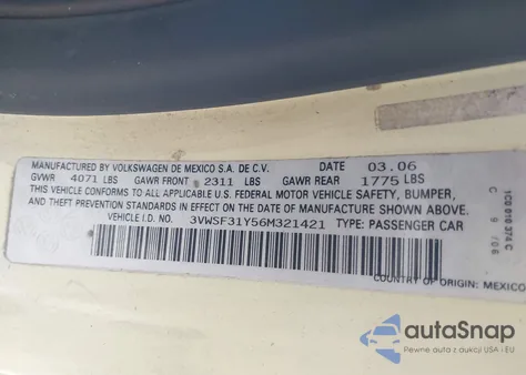 2006 Volkswagen New Beetle 2.5 from USA, damaged, VIN 3VWSF31Y56M321421